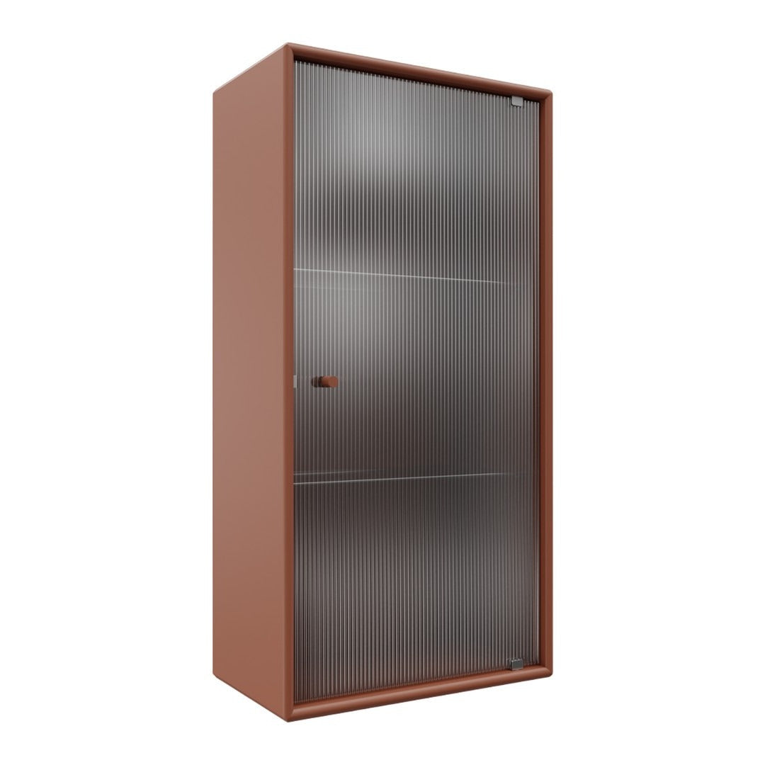 Rustic brown cabinet with sleek, modern silver vertical lines and a minimalist design. Ideal for stylish storage solutions.