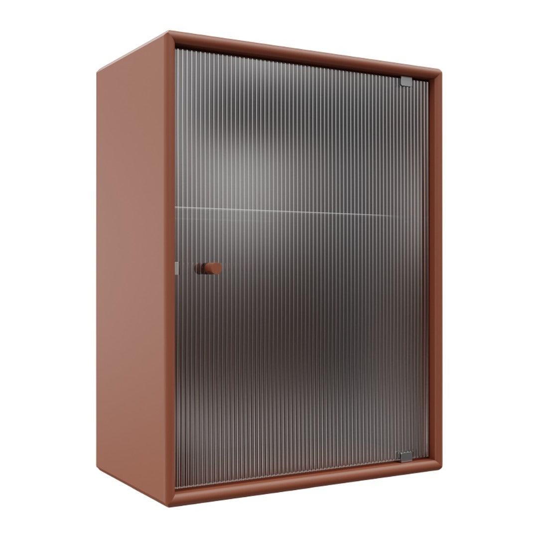Rusty brown cabinet with a vertical striped metal door, offering a modern, textured look perfect for any space.