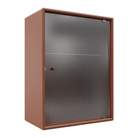 Rusty brown cabinet with a vertical striped metal door, offering a modern, textured look perfect for any space.