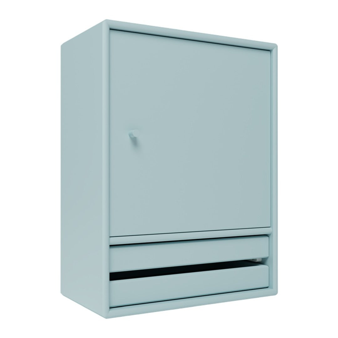 Light blue cabinet with a smooth finish and minimalist design, featuring a single door and a drawer.
