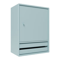 Light blue cabinet with a smooth finish and minimalist design, featuring a single door and a drawer.