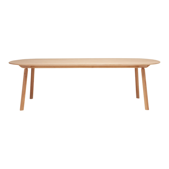 Light wood dining table with a smooth, natural finish and minimalist design, featuring rounded edges and tapered legs.