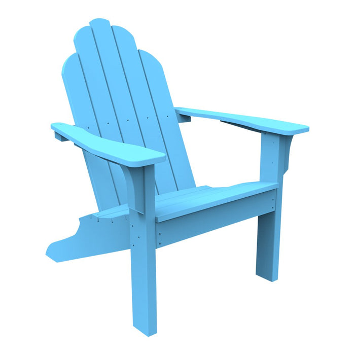 Blue Adirondack chair with sleek lines and a classic slatted design, perfect for outdoor relaxation.