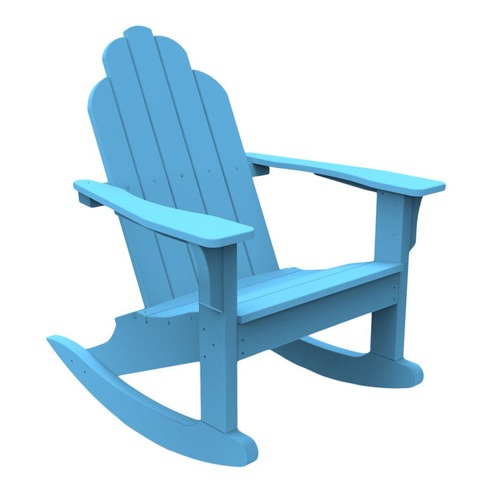 Light blue wooden rocking chair with a classic slatted design for a cheerful outdoor space.
