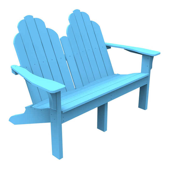 Light blue Adirondack bench with scalloped backrest and classic slatted design, perfect for outdoor spaces.