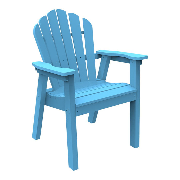 Light blue adirondack chair with a classic slatted back design and sturdy armrests. Ideal for outdoor relaxation.