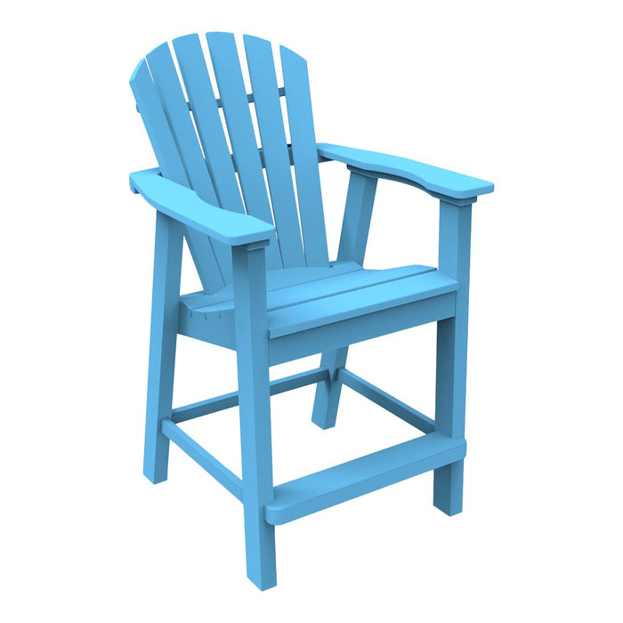 Light blue outdoor bar stool with a slatted back and sturdy legs, perfect for patio or deck seating.