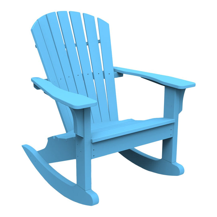 Light blue wooden rocking chair with a slatted design, perfect for outdoor lounging.