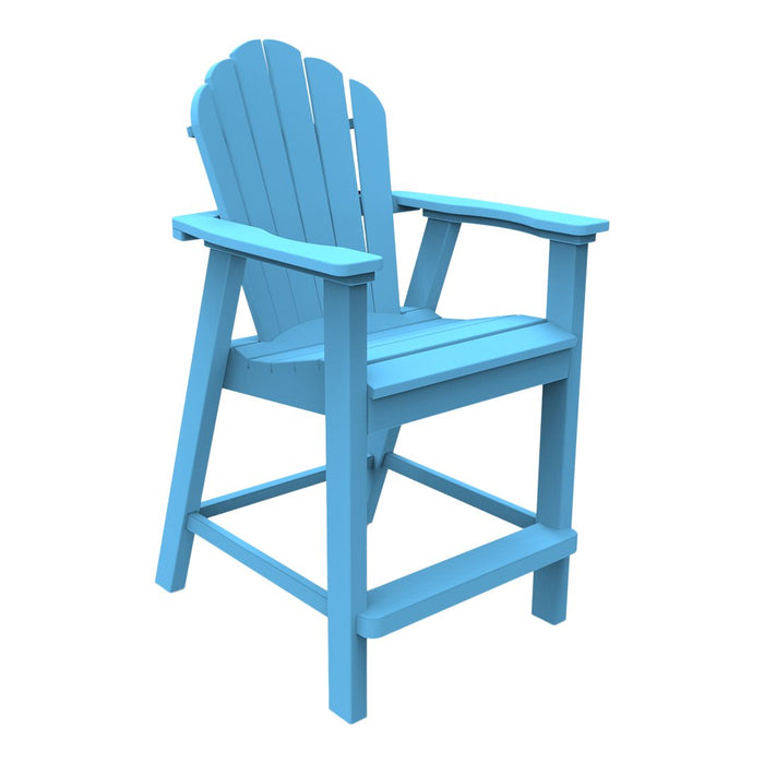 Light blue adirondack chair with a slatted back and wide armrests, perfect for outdoor relaxation.