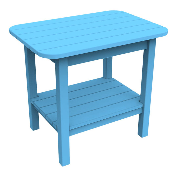 Blue wooden side table with slatted top and shelf, featuring a vibrant, solid color for outdoor or indoor use.
