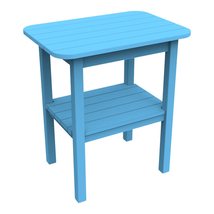 Bright blue wooden side table with a slatted design and two levels. Perfect for outdoor or indoor use.