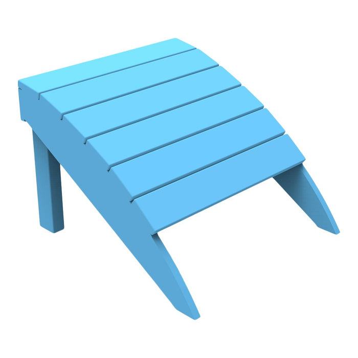 Sky blue slatted outdoor footrest with angled legs, perfect for adding a pop of color to your patio.