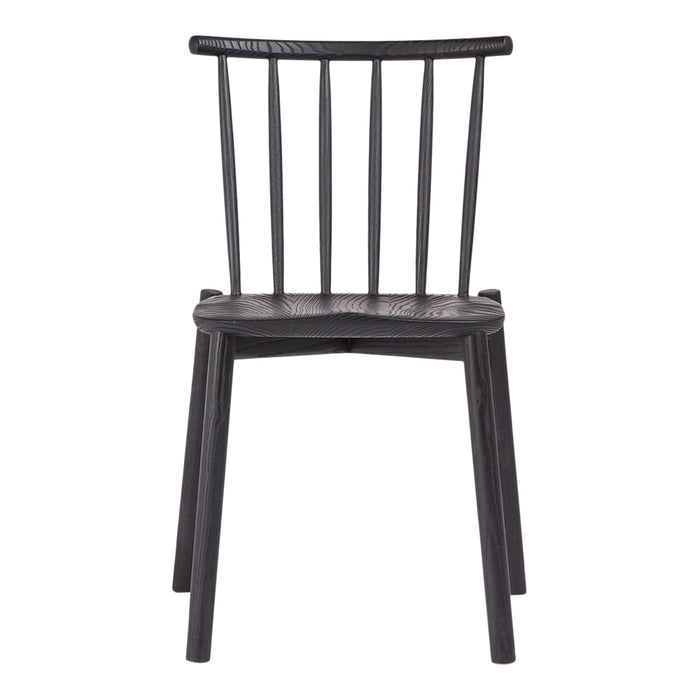 Black wooden chair with a minimalistic design featuring spindled back and smooth seat. Perfect for modern decor.