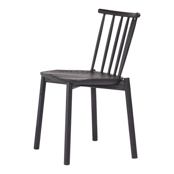 Black wooden chair featuring a slatted back and smooth textured seat, perfect for modern minimalistic decor.