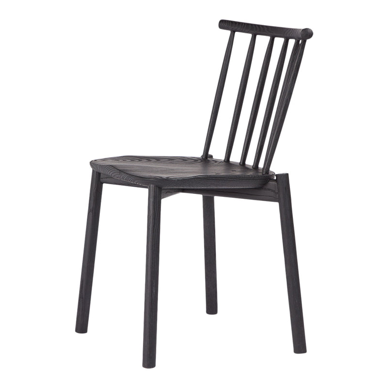 Black wooden chair featuring a slatted back and smooth textured seat, perfect for modern minimalistic decor.