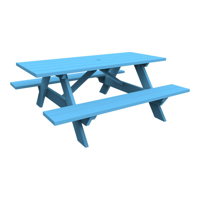 Bright blue picnic table with a classic slatted design and sturdy cross support, perfect for outdoor dining.