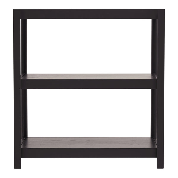 Black wooden shelving unit with a clean, modern design and open shelves, featuring a smooth finish.