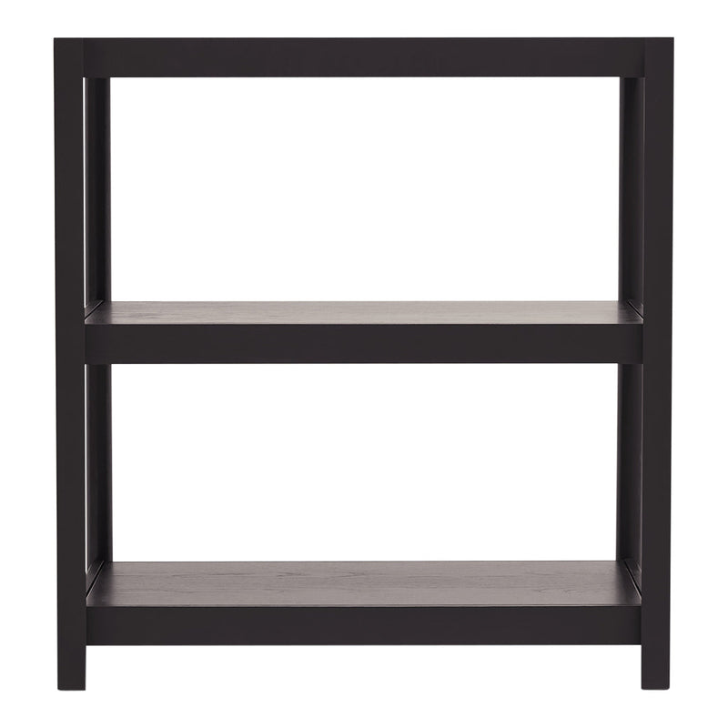 Black wooden shelving unit with a clean, modern design and open shelves, featuring a smooth finish.