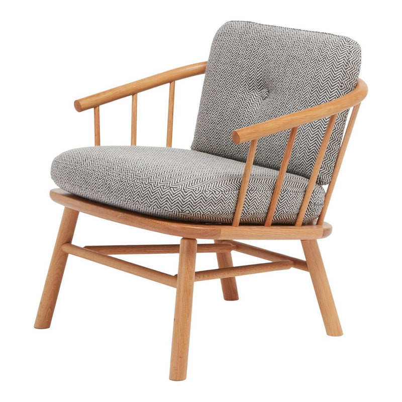 Gray textured upholstery with natural wood frame, featuring a minimalist design and curved lines. Perfect for modern decor.