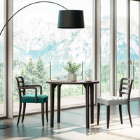 Modern dining set featuring a brown wooden table, teal and white chairs, against a scenic mountain view.