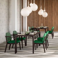 Modern dining set featuring dark wood and vibrant green cushions, set against a geometric patterned floor.