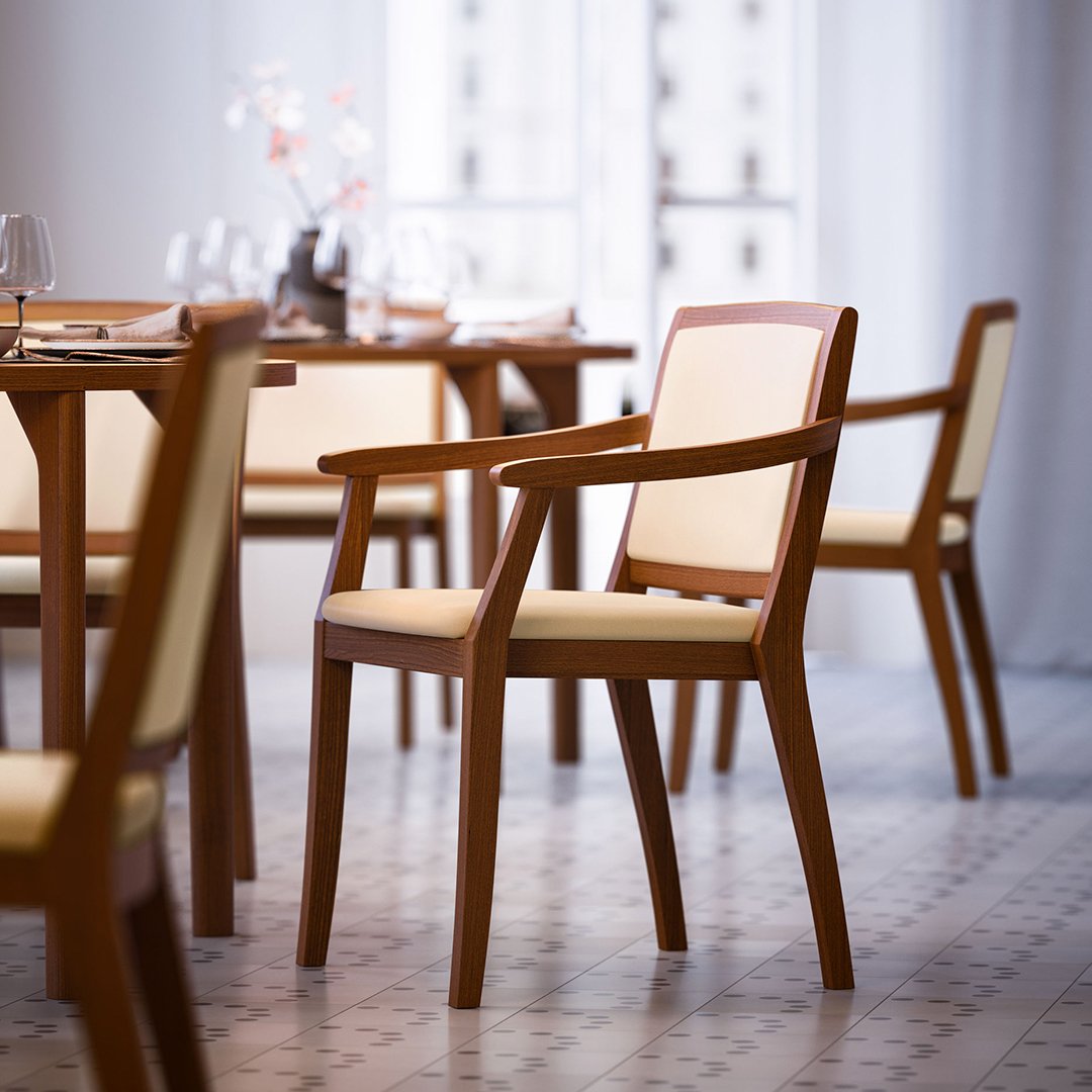 "Elegant wooden dining chair with a warm brown finish and creamy beige seat cushion, perfect for modern dining spaces."