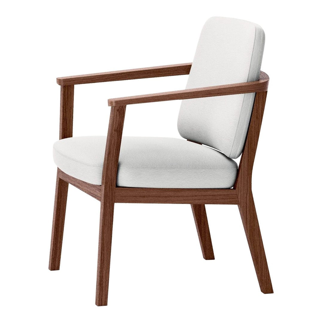 Modern wooden armchair with a warm brown finish and a sleek white upholstered seat and backrest.