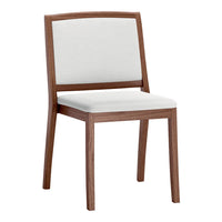 Light gray upholstered chair with a warm brown wood frame. Simple, modern design with no distinct patterns.