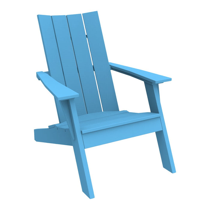 Bright blue wooden Adirondack chair with a classic slatted design, perfect for outdoor relaxation.