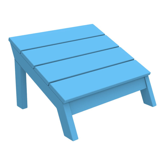 Light blue wooden outdoor footrest with slatted design and angled legs. Perfect for relaxing in style.
