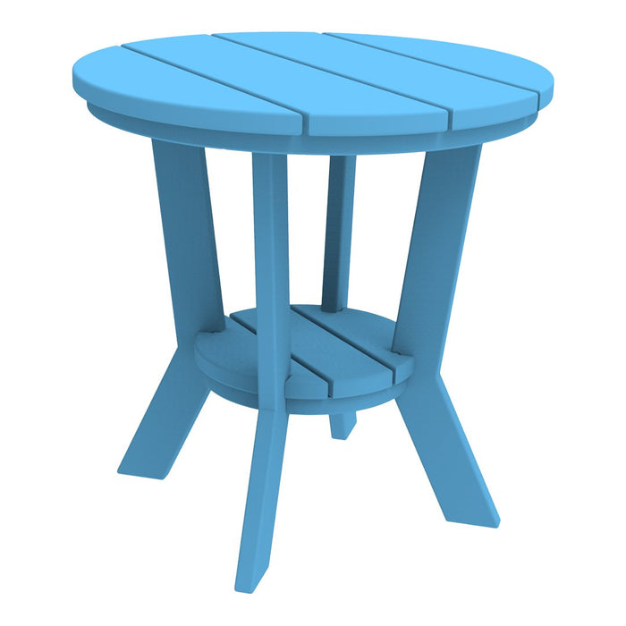 Round wooden side table in a vibrant blue finish with slatted top and sturdy legs. Ideal for outdoor or indoor use.