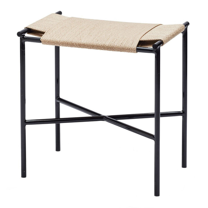 Tan woven seat on a sleek black metal frame, featuring a minimalist design with cross support pattern.