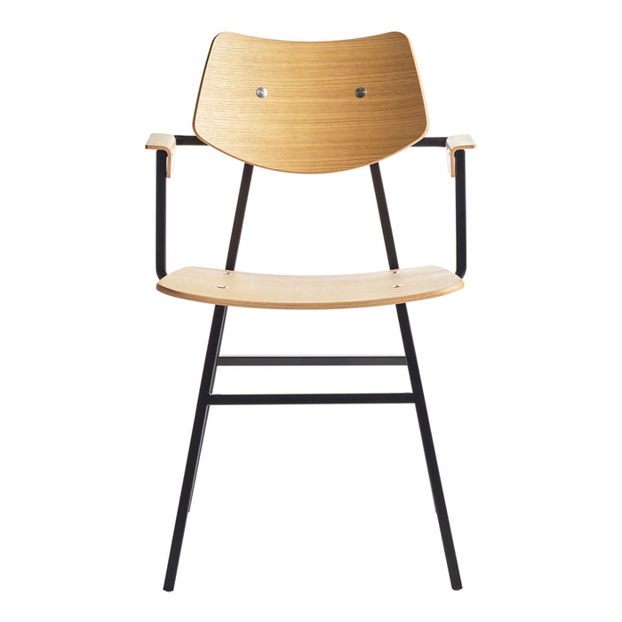 Natural wood finish with black metal accents and clean lines, creating a modern, minimalist design.
