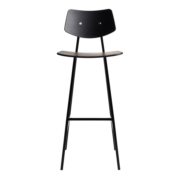 Black and wood bar stool with a minimalist design and smooth finishes, perfect for modern decor.