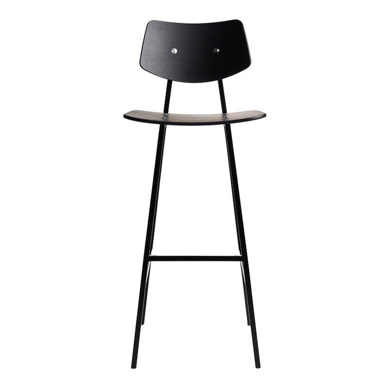 Black and wood bar stool with a minimalist design and smooth finishes, perfect for modern decor.