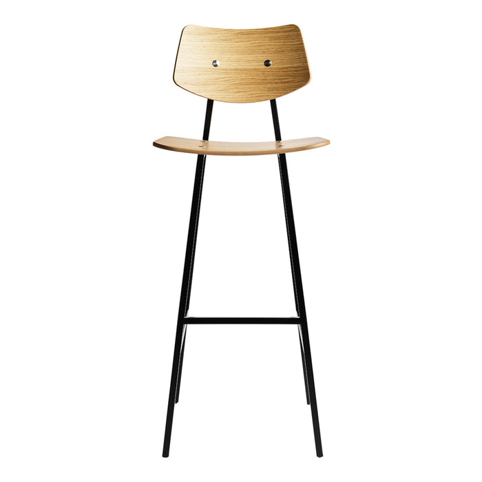 Minimalist wooden bar stool with a natural oak seat and sleek black metal legs. Modern design for any decor style.