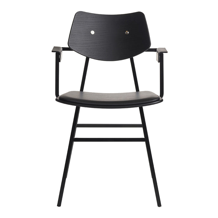 Black modern chair with a smooth finish and minimalist design, featuring subtle golden accents on the seat.