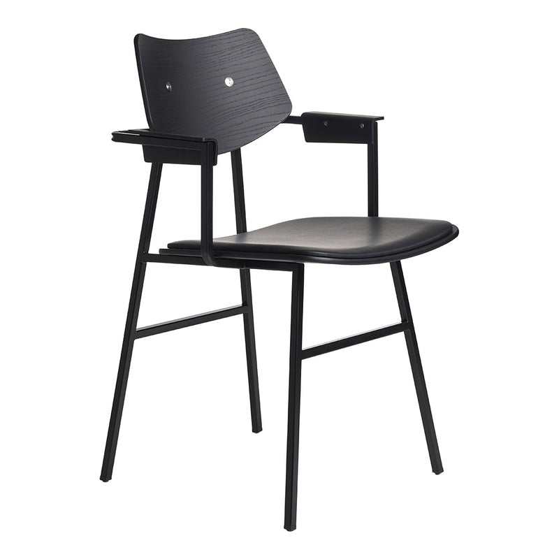 Sleek black dining chair with simple design and smooth finishes, featuring a solid black seat and backrest.