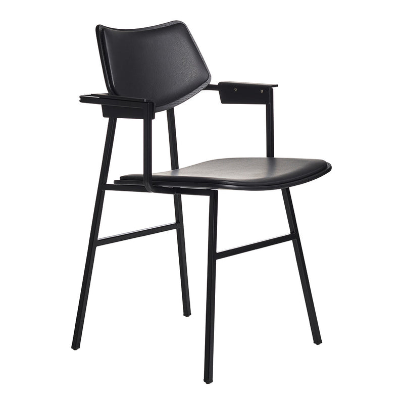Modern black chair with sleek design, featuring a smooth finish and minimalistic pattern. Ideal for contemporary spaces.
