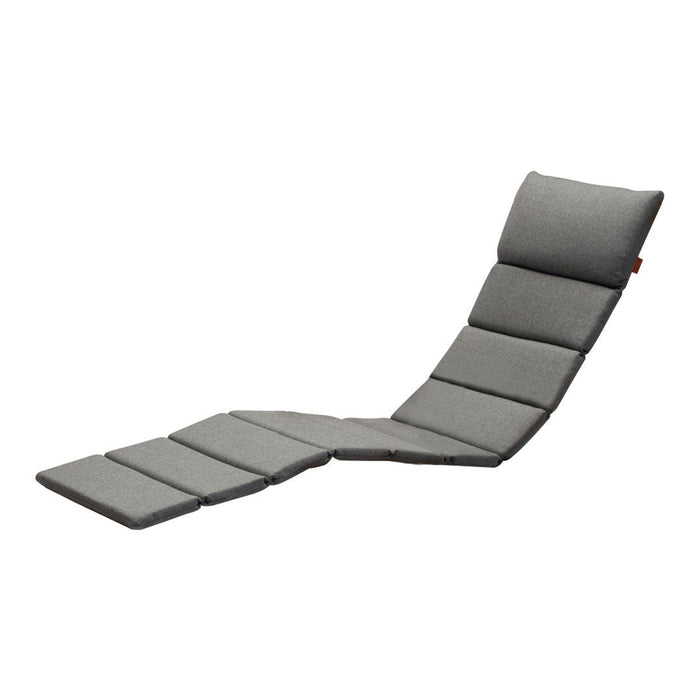 Gray folding lounge chair with a sleek, minimalist design and subtle textured fabric pattern.