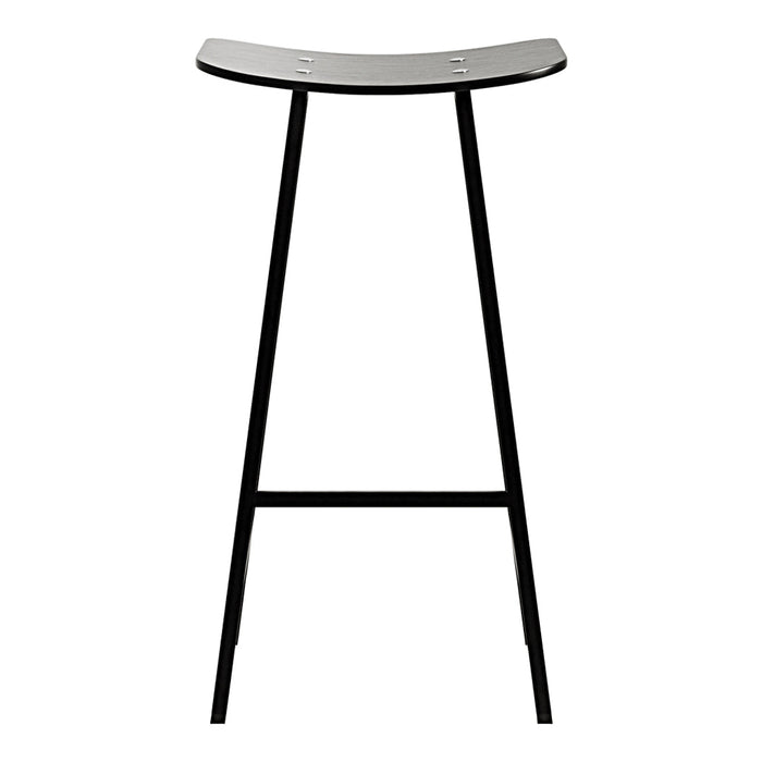 Modern bar stool with a sleek gray seat and minimalist black metal legs, featuring a smooth, curved design.
