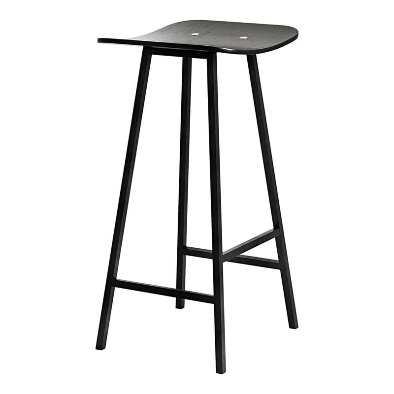 Black bar stool with a smooth seat and minimalistic design, featuring a matte finish and no visible patterns.