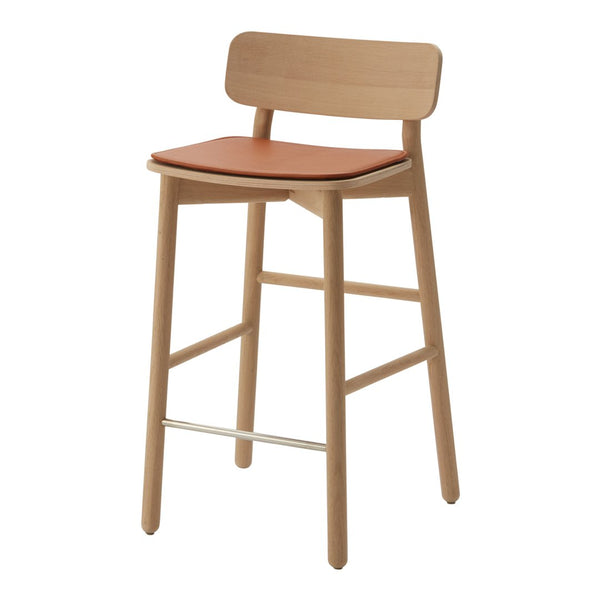 Wooden bar stool with a light natural finish and a warm brown leather seat. Minimalist design showcases simple lines.