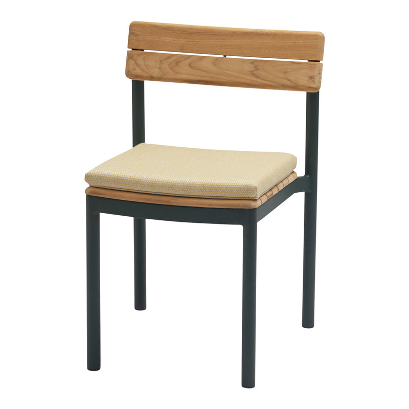 Natural wood and beige cushion chair with a sleek black metal frame, perfect for modern decor.