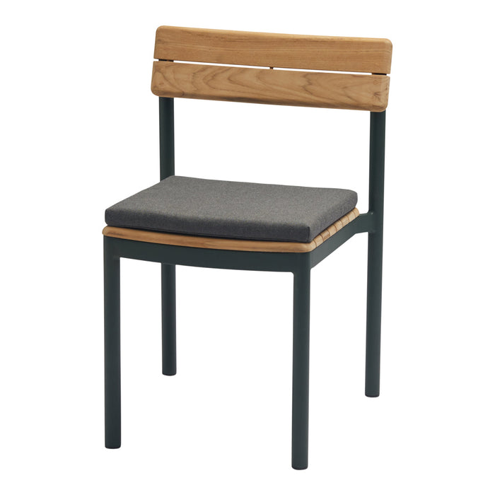 Natural wood backrest with dark gray cushion and black metal frame, minimalistic design, modern color palette.