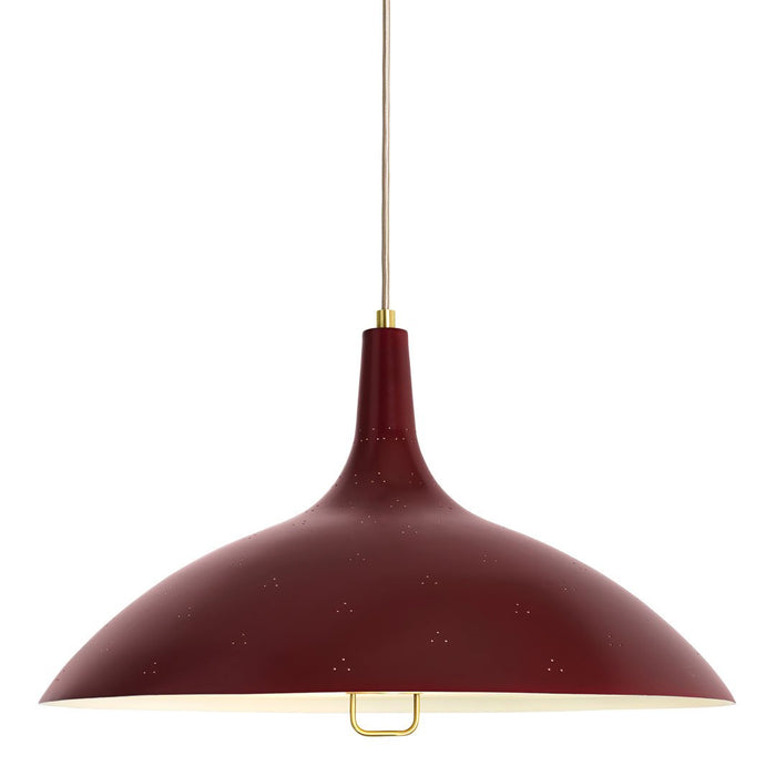 Red pendant lamp with a smooth, curved design and subtle texture, accented by a sleek gold hanging fixture.