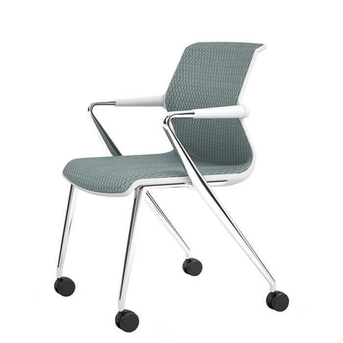 Light grey mesh chair with a sleek white frame, featuring smooth wheels for easy mobility.