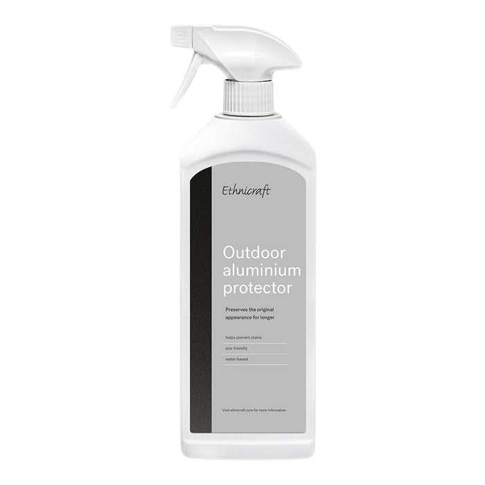 White spray bottle with a gray and black label for outdoor aluminum protector. Simple, modern design.