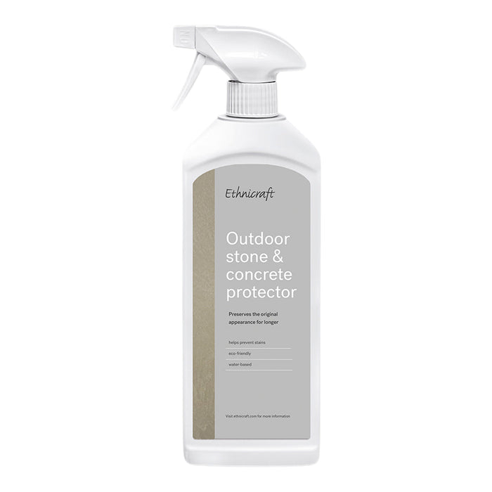 White spray bottle with a gray label featuring a textured beige pattern, highlighting durability and eco-friendliness.