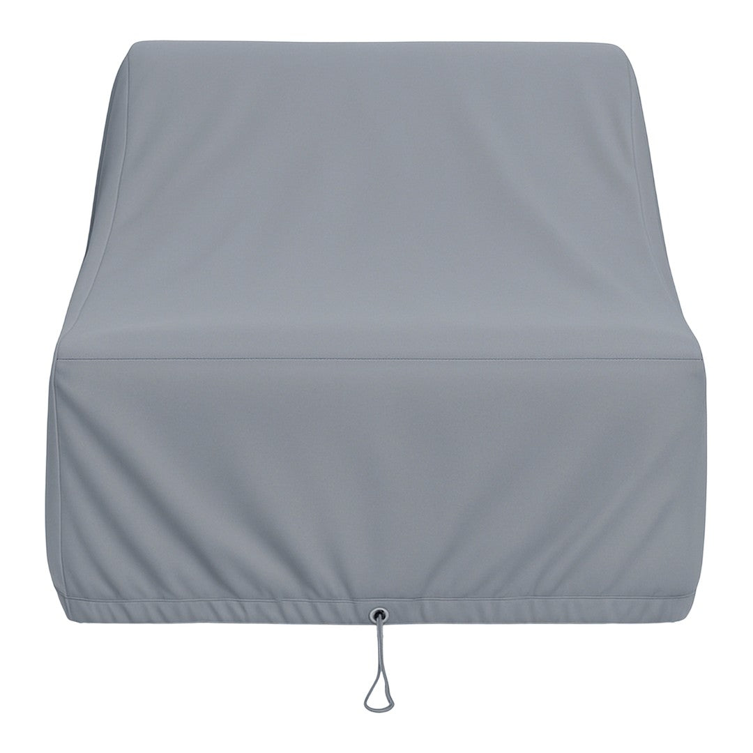 Gray outdoor furniture cover with a smooth, plain texture and adjustable drawstring for a secure fit.